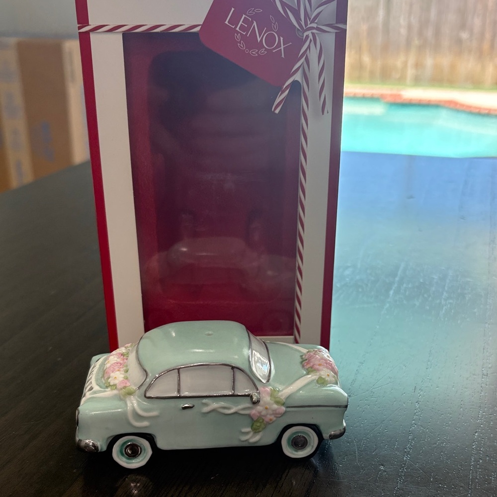 Lenox Mint Green Ceramic Wedding Car Figurine with Pink Floral Accents